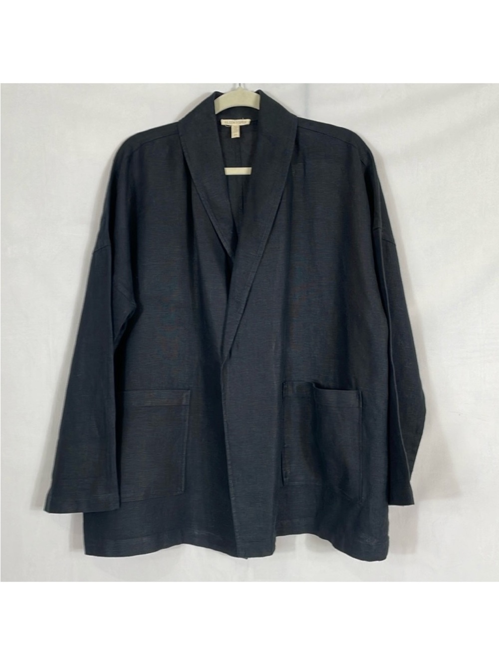 Eileen Fisher Black Linen Open-Front Shawl Collar Women's Jacket